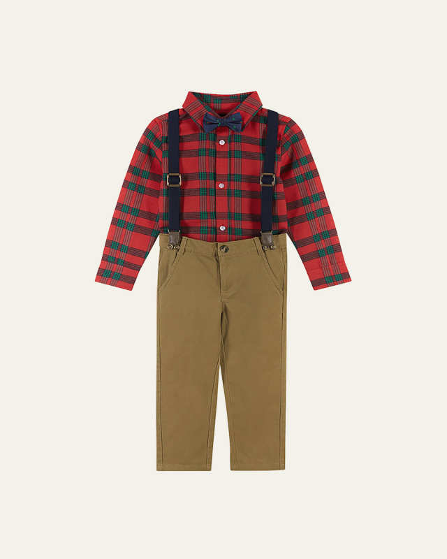 Boy's Flannel Button Down W/ Pants, Suspenders & Bowtie, Size 2-